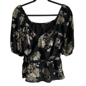 Eclair NWT Top Faux Wrap Sz L Black Gold Metallic Floral Puff Sleeves Peplum